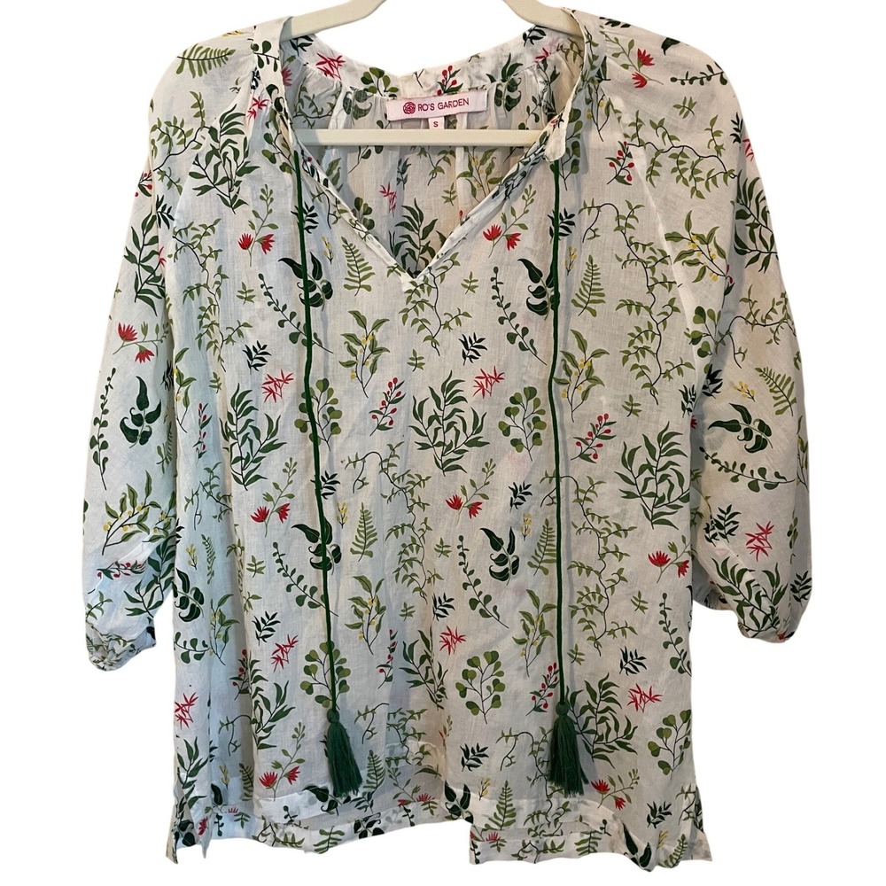 RO'S‎ GARDEN Size S Botanical Print Popover Peasant Top Cotton 3/4 Sleeve